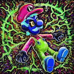  1boy abstract_background blue_hair blue_skin commentary cortoony english_commentary facial_hair full_body furrowed_eyebrows gloves hat luigi male_focus mario_(series) moustache overalls serious shoes super_smash_bros. yellow_eyes 