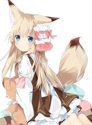  animal_ear_fluff animal_ears barefoot blue_eyes blush brown_hair brown_skirt checkerboard_cookie commentary_request cookie female food fox_ears fox_tail hair_between_eyes hair_ornament highres juliet_sleeves kneeling kushida_you long_hair long_sleeves looking_at_viewer looking_to_the_side original parted_lips pleated_skirt puffy_sleeves sailor_collar shirt simple_background skirt soles solo stuffed_animal stuffed_toy suspender_skirt suspenders tail tail_raised teddy_bear very_long_hair white_background white_sailor_collar white_shirt wide_sleeves 