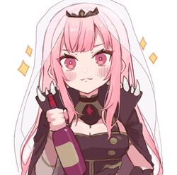  :3 bad_id bad_twitter_id bottle breasts cleavage commentary_request female holding holding_bottle hololive hololive_english long_hair looking_at_viewer mori_calliope mori_calliope_(1st_costume) pink_eyes pink_hair solo straight-on tamawo_(mu_gi2) tiara veil virtual_youtuber white_background wine_bottle 