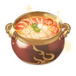  adeptus&#039;_temptation_(genshin_impact) artist_request cooking_pot food food_focus game_cg garnish genshin_impact leaf lowres meat mushroom no_humans official_art shrimp simple_background soup sparkle still_life third-party_source transparent_background 