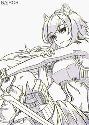  animal_ear_fluff animal_ears arknights armor barcode barcode_tattoo bare_arms bare_shoulders breastplate commentary female gravel_(arknights) grey_background highres long_hair looking_at_viewer midriff monochrome nairobi_song navel pouch shoulder_tattoo simple_background solo stomach tattoo 