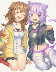  2girls animal_ear_fluff animal_ears bone_hair_ornament brown_hair cat_ears cat_girl choker closed_eyes collarbone commentary_request dog_ears dog_girl dog_tail fangs hair_ornament hololive inugami_korone inugami_korone_(1st_costume) komadori_ui looking_at_viewer midriff multiple_girls nekomata_okayu nekomata_okayu_(1st_costume) onigiri_print open_mouth paw_pose purple_eyes purple_hair tail virtual_youtuber 