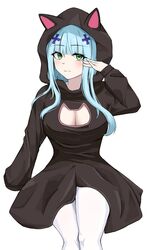  alternate_costume animal_ears arm_up black_dress black_hood blue_hair blush breasts cat_ears cleavage closed_mouth dress fake_animal_ears feet_out_of_frame female girls&#039;_frontline green_eyes hair_ornament hairclip highres hk416_(girls&#039;_frontline) hood hood_up long_hair long_sleeves looking_at_viewer medium_breasts one_smoke pantyhose sidelocks sitting solo white_background white_pantyhose 