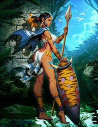  africa anklet arm_warmers ass black_hair blue_nails breasts butt_crack cape commentary commission covered_nipples dark_skin english_commentary female from_side full_body genzoman hair_ornament hair_pulled_back hair_scrunchie hairlocs highres holding holding_weapon jewelry jungle kneepits large_breasts leg_warmers lips long_hair long_legs mitos_y_leyendas multicolored_hair nature neck_ring orange_hair pelvic_curtain plantar_flexion planted_weapon polearm scrunchie shield solo spear strapless tubetop two-tone_hair very_dark_skin weapon 