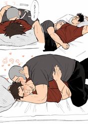  2boys bara bed black_hair black_pants blush closed_eyes couple facial_hair golden_kamuy grey_hair grey_shirt highres hug large_pectorals lying lying_on_person male_focus multiple_boys muscular muscular_male on_back on_bed on_side pants pectorals pillow red_shirt scar scar_on_arm scar_on_cheek scar_on_face scar_on_mouth scar_on_nose shiraishi_yoshitake shirt short_hair sugimoto_saichi ton_(ton19130318) translated very_short_hair yaoi 