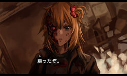  absurdres akai_haato blonde_hair blue_eyes commentary cosplay dark female fire hair_ornament hair_ribbon heart heart_hair_ornament highres hololive injury jacket leather leather_jacket letterboxed long_hair looking_at_viewer mechanical_ears mechanical_parts one_side_up open_mouth parody red_eyes ribbon scene_reference solo t-800 t-800_(cosplay) terminator_(series) translated virtual_youtuber yato_(yama0x1) 