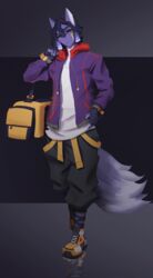  anthro black_sclera canid canine clothed clothing dire_wolf dreadlocks extinct facial_markings fingerless_gloves gloves handwear head_markings hoodie koropatel male mammal markings metaru_alseif_(daiyo) prehistoric_species red_eyes simple_background solo tail topwear two_tone_tail 