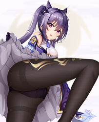  absurdres black_pantyhose blush clothes_lift cone_hair_bun dress female frilled_skirt frills genshin_impact gloves hair_bun hair_ribbon highres keqing_(genshin_impact) leg_up lifting_own_clothes looking_at_viewer milira panties panties_under_pantyhose pantyhose purple_dress purple_eyes purple_gloves purple_hair ribbon signature skirt skirt_lift solo thighs twintails underwear 