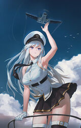  aircraft airplane arm_up armpits azur_lane belt bird black_necktie black_skirt black_thighhighs blue_eyes breasts cloud collared_shirt commentary_request day enterprise_(azur_lane) f4u_corsair female gloves guihuo_inferno hat highres large_breasts leaning_forward long_hair necktie no_coat parted_lips pleated_skirt shirt single_glove skirt sky sleeveless sleeveless_shirt solo thighhighs white_belt white_gloves white_hair white_hat white_shirt 