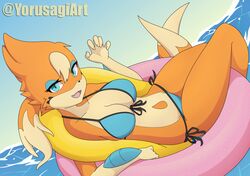  5_fingers anthro bikini bikini_bottom bikini_top blue_eyes breasts cleavage clothed clothing dipstick_tail female fingers floatzel fur generation_4_pokemon inflatable inner_tube looking_at_viewer markings medium_breasts multicolored_body multicolored_fur nails nintendo orange_body orange_fur pokemon pokemon_(species) pool_float solo swimwear tail tail_markings tan_body tan_fur two_tone_body two_tone_fur water yorusagi 