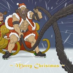  1:1 2021 abs anthro antlers armband barazoku beard bell belt biceps big_muscles bottomwear butusan_p christmas christmas_clothing christmas_headwear clothed clothing collar deer duo emanata english_text exercise facial_hair felid footwear fur hat headgear headwear holidays holly_(plant) horn huge_muscles lion male mammal mane mr._amino muscular muscular_anthro muscular_male new_world_deer open_clothing open_mouth open_topwear outside pantherine pecs plant reindeer roaring rope santa_hat shoes shorts sleigh snow solo_focus standing teeth text tongue topwear tuft workout 