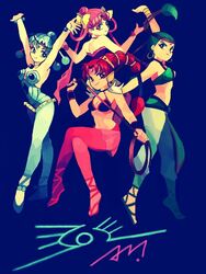  4girls amazons_quartet arms_up bare_shoulders bikini bikini_top_only bishoujo_senshi_sailor_moon bishoujo_senshi_sailor_moon_supers blue_eyes blue_hair bow cerecere_(sailor_moon) closed_mouth commentary earrings forehead_jewel full_body green_eyes green_hair hair_bun hair_ornament hairbow holding holding_whip jewelry junjun_(sailor_moon) leggings leotard looking_at_viewer multiple_girls pallapalla_(sailor_moon) parted_bangs pink_eyes pink_hair pointy_ears red_eyes red_hair sandals single_hair_bun smile spiked_pauldrons strapless strapless_leotard swimsuit turpentine_(pin) vesves_(sailor_moon) whip wrist_cuffs 