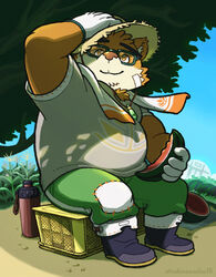  1boy animal_ears animal_nose bandaid bandaid_on_face bara bear_boy bear_ears belly boots brown_eyes brown_fur closed_mouth commentary corn_field dappled_sunlight food fruit full_body furry furry_male gem glasses gloves green-framed_eyewear green_gemstone green_pants hand_on_headwear hat highres jewelry male_focus necklace pants patch plump shade short_hair sitting smile snout solo straw_hat sunlight symbol-only_commentary thick_eyebrows tokyo_afterschool_summoners towel towel_around_neck tree tsukinowadou under_tree volos_(housamo) watermelon watermelon_slice white_gloves 