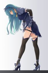  black_gloves black_thighhighs blue_hair blue_skirt commentary eiyuu_densetsu elbow_gloves female frilled_skirt frills full_body garter_straps gloves grey_background hakuleg headset high_heels kuro_no_kiseki leaning_forward long_hair puffy_short_sleeves puffy_sleeves risette_twinings short_sleeves simple_background skirt solo standing thigh_strap thighhighs white_gloves yellow_eyes 