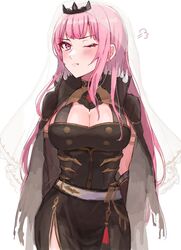  bad_id bad_twitter_id breasts cleavage commentary_request female hololive hololive_english large_breasts long_hair looking_at_viewer mori_calliope mori_calliope_(1st_costume) one_eye_closed pink_eyes pink_hair solo tamawo_(mu_gi2) tiara tsundere veil virtual_youtuber white_background 