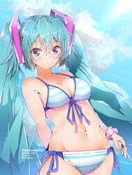  aqua_eyes aqua_hair arched_back arm_behind_back bikini blue_sky breasts cleavage cloud collarbone commentary cowboy_shot crotch day female front-tie_top hair_between_eyes halkawa501 halterneck hatsune_miku highres leaning_back light_rays linea_alba long_hair looking_at_viewer lowleg lowleg_bikini medium_breasts navel outdoors scrunchie side-tie_bikini_bottom sideboob sky solo striped_bikini striped_clothes sunbeam sunlight sway_back swimsuit tsurime twintails very_long_hair vocaloid wrist_scrunchie 