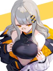  bandaid bandaid_on_face bandaid_on_nose bare_shoulders blunt_bangs breasts closed_mouth clothes_writing coat commentary crop_top female grey_hair hachi_(live_union) hair_ornament izumi_sai large_breasts live_union long_hair long_sleeves mole mole_under_eye multicolored_coat navel off_shoulder open_clothes open_coat sidelocks sleeves_past_wrists solo two-tone_background two-tone_coat upper_body v-shaped_eyebrows virtual_youtuber 