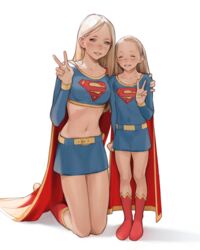  2girls absurdres age_difference bad_id bad_pixiv_id blonde_hair blue_bow blue_eyes blue_skirt bow breasts cape closed_eyes collarbone commission cosplay crop_top dc_comics hair_behind_ear highres luimiart multiple_girls navel open_mouth original pixiv_commission red_cape red_footwear simple_background skirt smile supergirl teeth v white_background 