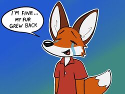  4:3 anthro blue_background bodily_fluids brown_body brown_fur canid canine clothing crying fox fur geekfox geekfox_(character) gradient_background green_background male mammal open_mouth orange_body orange_fur polo_shirt red_polo_shirt shirt simple_background solo tears tears_of_joy tongue_showing topwear white_body white_fur 