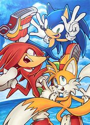  3boys :d animal_nose blue_eyes blue_sky floating fox_boy furry furry_male gloves green_eyes knuckles_the_echidna male_focus multiple_boys multiple_tails ocean open_mouth purin_(iddunpg) purple_eyes red_footwear sky smile snout soap_shoes sonic_(series) sonic_adventure_2 sonic_the_hedgehog tail tails_(sonic) two_tails w white_gloves 