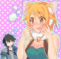  1boy animal_ears bandeau bare_shoulders blush cat_ears cat_girl female green_bandeau hair_between_eyes hiyori_(princess_connect!) open_mouth orange_hair princess_connect! seryu_oekaki simple_background yellow_eyes 