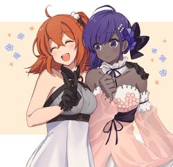  2girls ahoge black_gloves closed_eyes commentary_request dark-skinned_female dark_skin dress eyebrows_hidden_by_hair fate/grand_order fate/grand_order_waltz_in_the_moonlight/lostroom fate_(series) fujimaru_ritsuka_(female) fujimaru_ritsuka_(female)_(waltz_in_the_moonlight/lostroom) gloves grabbing hair_between_eyes hair_ornament hairband hairclip hassan_of_serenity_(fate) hassan_of_serenity_(lostroom_outfit)_(fate) looking_at_another looking_at_viewer multiple_girls nm222 off_shoulder official_alternate_costume open_mouth orange_hair purple_eyes purple_hair short_hair skirt sleeveless sleeveless_dress smile very_dark_skin victory_pose 