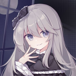  bad_id bad_pixiv_id black_bow black_dress blue_eyes bow commentary_request dress duel_monster eta female frilled_dress frills full_moon ghost_belle_&amp;_haunted_mansion grey_hair hair_between_eyes hairbow hand_up highres long_hair long_sleeves looking_at_viewer moon parted_lips smile solo wide_sleeves window yu-gi-oh! 