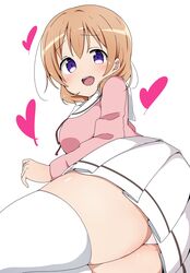  :d ass blush breasts commentary_request female gochuumon_wa_usagi_desu_ka? hair_between_eyes heart highres hoto_cocoa legs_together looking_at_viewer lying medium_breasts miniskirt on_side open_mouth orange_hair panties pink_shirt purple_eyes ribbon riyo_(aokiwazumi) sailor_collar shirt short_hair skirt smile solo thighhighs thighs underwear white_background white_panties white_sailor_collar white_skirt white_thighhighs 