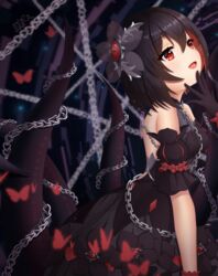  absurdres bare_back bare_shoulders black_hair bug butterfly chains detached_sleeves dress female frills gloves hair_ornament hand_on_own_chin highres honkai_(series) honkai_impact_3rd md5_mismatch milira open_mouth red_eyes seele_(alter_ego) seele_vollerei seele_vollerei_(stygian_nymph) short_hair smile straight_hair tentacle 