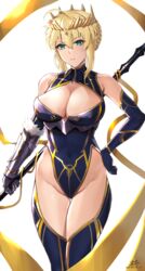  ahoge aqua_eyes artoria_pendragon_(fate) artoria_pendragon_(lancer)_(fate) bare_shoulders blonde_hair blue_gloves blue_legwear blue_leotard braid breasts cleavage commentary covered_navel crown elbow_gloves fate/grand_order fate_(series) female french_braid gauntlets gloves highleg highleg_leotard highres keisuke_desu~ large_breasts leotard looking_at_viewer parted_lips sleeveless sleeveless_turtleneck sleeveless_turtleneck_leotard solo standing thighs turtleneck turtleneck_leotard white_background 