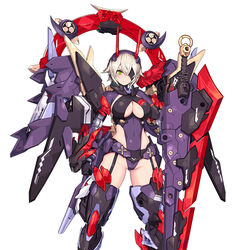  auv_susanowo breasts center_opening covered_navel crossed_bangs eyepatch female garter_straps green_eyes highleg highleg_leotard huge_weapon impossible_clothes impossible_leotard large_breasts leotard light_brown_hair long_hair looking_at_viewer mecha_musume mechanical_legs megami_device nidy official_art purple_leotard shiny_skin short_hair simple_background skin_tight solo standing weapon white_background 