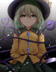  absurdres arm_behind_back bad_id bad_pixiv_id black_hat closed_mouth collared_shirt commentary eyeball eyebrows female frilled_shirt frills glass gradient_background green_eyes green_hair green_skirt hair_between_eyes hat heart heart_of_string highres holding holding_behind_back holding_knife holding_weapon knife komeiji_koishi light_particles looking_at_viewer mary-san mozuno_(mozya_7) shattered shirt short_hair simple_background skirt smile solo string third_eye touhou upper_body weapon yellow_shirt 