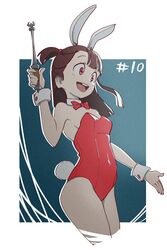  :d animal_ears asymmetrical_bangs blue_background border breasts brown_hair covered_navel detached_collar female highres kagari_atsuko leotard little_witch_academia long_hair outside_border playboy_bunny psylduck rabbit_ears red_eyes red_leotard short_sidetail small_breasts smile solo wand white_border wrist_cuffs 