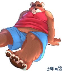  2022 animal_crossing anthro bear black_nose blush bottomwear brown_body brown_fur closed_eyes clothing feet fur hi_res kemono male mammal nintendo overweight overweight_male rocurou69 shirt shorts simple_background solo teddy_(animal_crossing) topwear white_background 