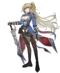  absurdres asymmetrical_hair blonde_hair blue_coat blue_eyes boots braid breasts brown_footwear brown_legwear coat female full_body garter_straps gauntlets hand_on_hilt highres kongbai_huanxiang large_breasts long_hair long_sleeves original pantyhose ponytail scabbard sheath sheathed side_braid sidelocks simple_background single_braid solo standing sword thigh_boots thighhighs very_long_hair weapon white_background 