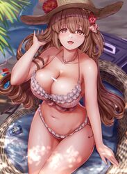  :3 absurdres aged_up bikini breasts brown_eyes brown_hair cleavage collarbone commentary_request cowboy_shot female flower frilled_bikini frills hair_flower hair_ornament hat highres jewelry large_breasts long_hair looking_at_viewer magia_record:_mahou_shoujo_madoka_magica_gaiden mahou_shoujo_madoka_magica navel necklace open_mouth pink_bikini sabakuomoto satomi_touka sitting smile solo sun_hat swimsuit 