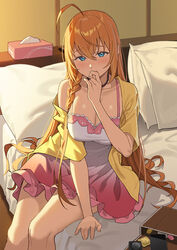  ahoge bare_legs bare_shoulders bed bed_sheet bedside blue_eyes blush braid breasts camisole choker cleavage closed_mouth coat collarbone come_hither commentary condom condom_wrapper covered_nipples dress female finger_to_mouth goumudan gradient_dress hair_between_eyes hand_up highres indoors jewelry large_breasts leaning_to_the_side long_hair looking_at_viewer necklace no_bra on_bed orange_hair pecorine_(princess_connect!) pecorine_(real)_(princess_connect!) pillow pink_dress princess_connect! raised_eyebrows short_dress short_sleeves single_bare_shoulder single_braid sitting solo tareme tissue_box very_long_hair white_dress 