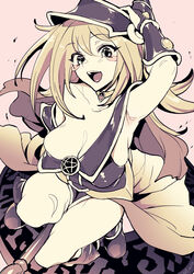  absurdres arm_behind_head arm_up armpits bare_shoulders blonde_hair blue_eyes blue_headwear blush blush_stickers breasts cleavage collarbone dark_magician_girl duel_monster female highres jewelry large_breasts long_hair looking_at_viewer neck_ring open_mouth pentacle poriuretan smile solo thighs wand yu-gi-oh! 