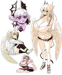  +_+ 4girls :&lt; @_@ ahoge angel angel_wings aohada_bocchi arms_behind_back bat_wings black_bra black_shorts blonde_hair bra bra_strap breasts commentary_request cramp creator_connection demon_girl demon_horns denim denim_shorts feathered_wings head_wings highres horns huge_breasts kinjo_no_hito_no_nakimushi legs lian_(aohada_bocchi) limited_palette long_hair lorem_(mazohaha) multiple_girls musuko_ga_kawaikute_shikatanai_mazoku_no_hahaoya ochiai_(kinjo_no_hito_no_nakimushi) pointy_ears ponytail raspberry_(yakunitatsu_node_chi_o_kudasai) sandals school_uniform shorts sitting smile stretching sweat sweatdrop tail tank_top thick_thighs thighs toes underwear vampire white_background white_wings wings yakunitatsu_node_chi_o_kudasai zyugoya 