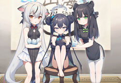  3girls :o animal_ears ass bare_legs barefoot black_eyes black_hair blue_archive blunt_bangs blurry bow butterfly_hair_ornament carrying china_dress chinese_clothes closed_mouth commentary_request depth_of_field double_bun dress drinking_straw extra_ears frilled_skirt frills green_eyes grey_hair hair_between_eyes hair_bun hair_ornament hair_ribbon hairbow halo highres holding hongshi_(13234456009) hugging_own_legs kisaki_(blue_archive) knees_to_chest kokona_(blue_archive) leaning_forward long_hair looking_at_viewer low_twintails milk_carton multicolored_hair multiple_girls orange_eyes parted_lips ribbon short_sleeves shun_(blue_archive) shun_(small)_(blue_archive) side_slit sidelocks sitting sitting_on_table skirt sleeveless sleeves_past_wrists smile streaked_hair table thighhighs tiger_ears tiger_girl twintails two-tone_hair white_thighhighs 