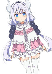  :o beads blue_eyes blunt_bangs blush commentary_request dragon_girl dragon_horns dress duplicate female frills fur_collar hair_beads hair_ornament hairband horns kanna_kamui kobayashi-san_chi_no_maidragon light_purple_hair long_hair looking_at_viewer low_twintails n_(n45987607) parted_lips pixel-perfect_duplicate simple_background solo thighhighs twintails very_long_hair white_background white_thighhighs 