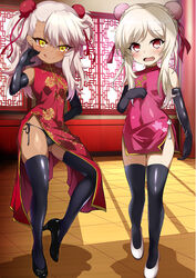  2girls alternate_hairstyle artistic_error bad_shadow black_footwear black_gloves black_legwear black_panties bun_cover china_dress chinese_clothes chloe_von_einzbern commentary_request covered_navel dark-skinned_female dark_skin double_bun dress elbow_gloves fate/kaleid_liner_prisma_illya fate_(series) full_body gloves hair_bun high_heels highres illyasviel_von_einzbern indoors lattice legs long_hair looking_at_viewer multiple_girls open_mouth panties pink_dress pink_hair platinum_blonde_hair red_dress red_eyes shimejinameko side-tie_panties standing standing_on_one_leg thighhighs two_side_up underwear white_footwear white_hair window window_shadow yellow_eyes 