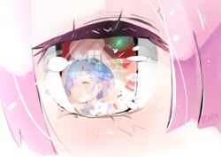  ^_^ blue_hair blue_ribbon blush close-up closed_eyes closed_mouth commentary_request eye_focus eye_reflection female hair_ornament hair_over_one_eye hair_ribbon hairclip highres hoshizaki_reita pink_hair ram_(re:zero) re:zero_kara_hajimeru_isekai_seikatsu red_eyes reflection rem_(re:zero) ribbon short_hair signature smile x_hair_ornament 