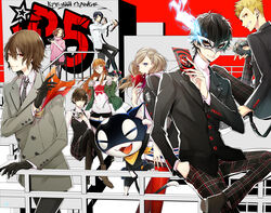  4boys 4girls ahoge akechi_gorou amamiya_ren animal_ears arm_up arms_up bad_id bad_pixiv_id beige_jacket belt black_cat black_gloves black_hair black_jacket black_mask black_neckwear black_pants black_pantyhose black_shorts black_tank_top black_vest blazer blonde_hair blue_eyes blue_fire blue_hair blunt_bangs bracer braid brown_eyes brown_footwear brown_hair calling_card card cat_ears cat_mask cat_tail city cityscape climbing closed_eyes coat crossed_legs crown_braid curly_hair dress_shirt facing_to_the_side fangs feline fire fox_mask fur-trimmed_coat fur_trim glasses gloves goggles graffiti green_coat grey_mask grin halterneck hand_in_pocket hand_up head_tilt highres hime_cut holding holding_card holding_goggles holding_paintbrush jacket key kitagawa_yuusuke knees_up lace-trimmed_shorts lace_trim leg_up legs_up light_smile long_hair long_sleeves looking_at_viewer mask masquerade_mask miniskirt morgana_(persona_5) multiple_boys multiple_girls necktie niijima_makoto oerba_yun_fang off-shoulder_shirt off_shoulder okumura_haru open_mouth orange_hair paintbrush pants pantyhose persona persona_5 pink_jacket plaid plaid_pants plaid_skirt pleated_skirt pointed_mask puffy_sleeves red_eyes red_legwear red_mask red_sky sakamoto_ryuuji sakura_futaba scarf school_uniform shirt short_hair short_shorts short_sleeves shorts shuujin_academy_school_uniform signature sitting sitting_on_fence skirt skull skull_mask sky smile steel_mask striped striped_clothes striped_necktie sweater swept_bangs t-shirt tail takamaki_anne tank_top teeth turtleneck turtleneck_jacket turtleneck_sweater tuxedo_de_cat twintails urban utility_belt v_arms vertical-striped_clothes vertical-striped_necktie vest white_jacket white_legwear white_mask white_shirt white_sweater yellow_scarf yuu_(isis7796) 