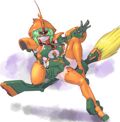  asshimar black_gloves blush breasts broom clothing_cutout dress female gloves green_dress green_hair gundam highres humanization mecha_musume medium_breasts open_hand orange_thighhighs purple_eyes skindentation smile solo thighhighs underboob underboob_cutout yazawa_owl zeta_gundam 