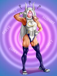  1girls abs adekvatx brainwashing bunny_ears dark-skinned_female dark_skin female fully_clothed heroine hypnosis hypnotized large_ass large_breasts mid-transformation miruko muscular_female my_hero_academia rumi_usagiyama thick_thighs transformation white_hair wide_hips 