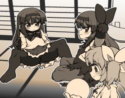  3girls akemi_homura akuma_homura arms_up blush bow bowtie closed_mouth commentary_request dual_persona elbow_gloves frilled_skirt frills full_body gloves greyscale hairband highres kaname_madoka long_hair looking_at_another looking_to_the_side mahou_shoujo_madoka_magica manatsu_no_yo_no_inmu medium_bangs monochrome multiple_girls no_shoes pantyhose parody shirt shouji sidelocks sitting skirt sliding_doors smile spread_legs tatami tonchamon_san ultimate_madoka upper_body 