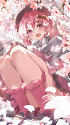  bow bowler_hat bowtie cherry_blossoms cherry_hair_ornament cherry_hat_ornament commentary_request daidou_(demitasse) earrings female flower food-themed_hair_ornament gradient_bow grey_hat hair_between_eyes hair_ornament hat hatsune_miku highres jewelry light_blush long_hair looking_at_viewer open_mouth pink_bow pink_bowtie pink_eyes pink_footwear pink_nails pink_shirt pink_skirt pink_socks pink_theme sakura_miku sakura_miku_(rella) shirt shoes sitting skirt smile socks solo vocaloid 