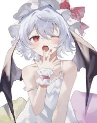  bat_wings black_wings blue_hair blush bow camisole fangs female hat hat_bow highres light_blue_hair looking_at_viewer mob_cap one_eye_closed open_mouth pillow red_bow red_eyes red_nails remilia_scarlet short_hair single_bare_shoulder single_off_shoulder solo sorani_(kaeru0768) teeth touhou upper_teeth_only white_background white_camisole white_hat wings wrist_cuffs yawning 