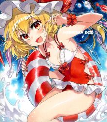  bare_shoulders blonde_hair blush breasts chacham cleavage cowboy_shot female flandre_scarlet holding holding_swim_ring medium_breasts medium_hair oerba_yun_fang one-piece_swimsuit open_mouth red_eyes red_nails red_one-piece_swimsuit side_ponytail skin_fang solo swim_ring swimsuit tongue touhou water_drop 